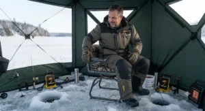 Angler demonstrating the 360-degree rotation feature of a swivel ice fishing seat inside a pop-up shelter.
