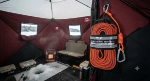 A heavy-duty ice fishing rescue rope hanging inside an ice fishing shelter, ensuring quick access during Canadian winter outings.