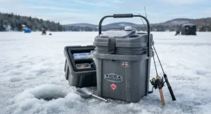 A heavy-duty insulated ice fishing bucket designed to keep bait and gear from freezing in cold weather.