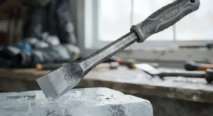 Close-up view of a heavy-duty steel ice chisel spud bar showing the forged blade and comfortable grip.