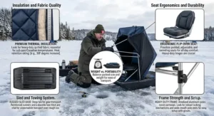 Diagram showing the key features to look for when choosing the best flip-over seat ice fishing shelter for Canadian winters.