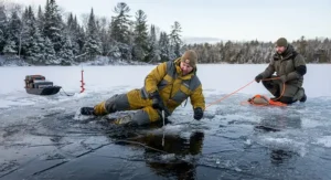 An angler practicing self-rescue techniques on thin early-season ice using a high-visibility buoyant ice fishing rescue rope.