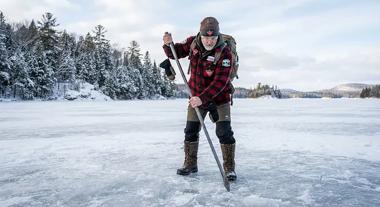 An outdoor enthusiast holding an ice spud bar near a frozen lake in Canada during how to use ice spud bar