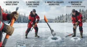Step-by-step illustration demonstrating how to properly use an ice spud bar to check safe ice depth in Canada.