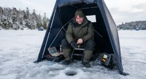 An ice angler comfortably sitting on a padded flip-over seat inside an insulated ice fishing shanty on the ice.