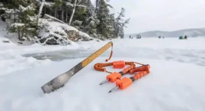 Essential winter gear including an ice chisel for safety and emergency ice picks on a snow-covered bank.