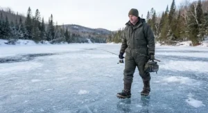A fisherman safely navigating a frozen Canadian river wearing spiked ice cleats to prevent slips and falls.