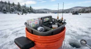 A multi-compartment organizer insert fitting neatly inside a standard ice fishing bucket.