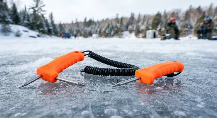 Pair of orange safety ice fishing picks with a retractable cord, essential winter gear for Canadian ice anglers.