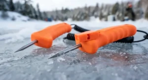 Emergency ice fishing picks featuring an integrated safety whistle for signaling during winter emergencies on Canadian lakes.