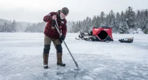 Preparing for ice fishing in Canada by testing the ice integrity with an ice spud bar