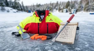 Essential ice safety checklist showing ice fishing picks, a spud bar, and a float suit for safe hardwater fishing.