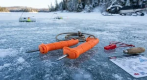 Essential ice safety spikes and self-rescue picks laid out for ice fishing and winter outdoor safety.