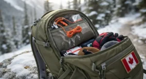 Ice safety spikes easily packed inside a winter hiking backpack for emergency preparedness during cold weather.