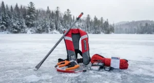 Essential Canadian winter safety gear featuring an ice spud bar, ice picks, and a life jacket