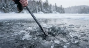 An ice spud bar breaking through weak, unsafe dark ice on a Canadian freshwater lake
