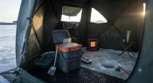 An insulated ice fishing bucket positioned inside a portable ice fishing shelter.