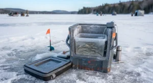 Live bait kept safe and warm inside an insulated ice fishing bucket during a sub-zero winter trip.