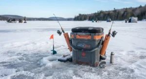 An insulated ice fishing bucket equipped with integrated rod holders for hard-water fishing.