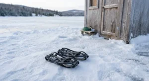 Lightweight slip-on ice cleats resting on packed snow near an ice fishing shanty.