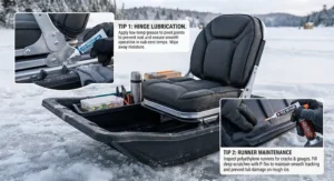 An illustration demonstrating winter maintenance tips for hinges and runners on a flip-over seat ice fishing sled.