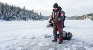 A Canadian ice fisherman equipped with a buoyant flotation suit for hard-water safety.