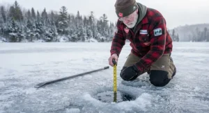 Measuring ice thickness with a tape measure after clearing a hole with an ice spud bar