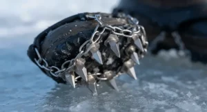 Close-up illustration of stainless steel spikes on ice fishing traction cleats for anti-slip grip.