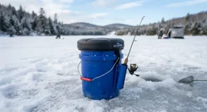 A blue ice fishing bucket featuring a comfortable padded seat cushion on top.