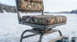 Close-up of a weather-resistant, padded swivel ice fishing seat built to withstand sub-zero Canadian winter temperatures.