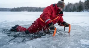 Ice safety illustration showing a person using self rescue ice picks to pull themselves out of a broken-through frozen lake in Canada.