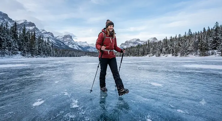 A Canadian hiker walking safely across a frozen lake while wearing reliable ice safety spikes.