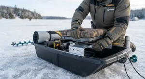Installing a portable swivel ice fishing seat onto an ice shelter sled for easy transport.