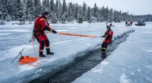 A professional-grade ice fishing rescue rope deployed across a frozen crack on a Canadian river to demonstrate proper ice rescue protocols.