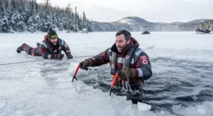Demonstration of using safety picks alongside an ice fishing flotation device after breaking through thin ice.