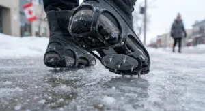 Pair of durable retractable ice safety spikes designed for icy sidewalks and winter commuting in Canada.