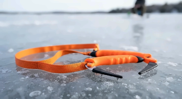 Close-up of self rescue ice picks connected by a safety lanyard, essential gear for Canadian ice fishing and skating.