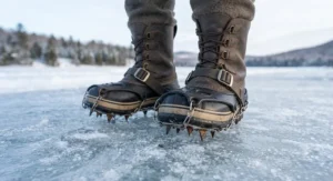 Rubber traction ice cleats stretched over winter pac boots for safe walking on frozen Canadian waterways.
