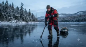 An ice fisher walking cautiously on thin black ice while testing conditions using the best ice spud bar.