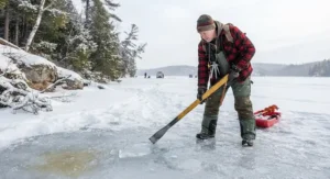 An ice fisher testing ice thickness using an ice chisel for safety before stepping onto the frozen lake.