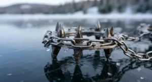 Close-up view of tungsten-carbide spikes on heavy-duty ice cleats designed for slippery black ice.