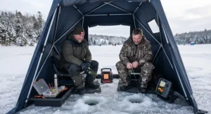 Two anglers enjoying a day on the ice inside a spacious two-person flip-over seat ice fishing tent.