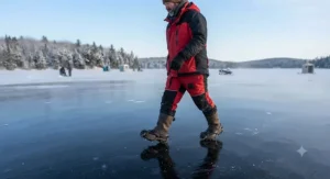 Person walking securely across slippery black ice wearing ice fishing traction cleats.