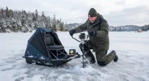 A Canadian ice fisherman using an auger while utilizing a flip-over seat ice fishing station for quick mobility.