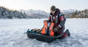 Ice angler packing a specialized flotation device into a sled for a remote northern Canadian fishing trip.