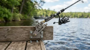 An adjustable ice fishing rod holder angled precisely for optimal strike detection on frozen northern waters.