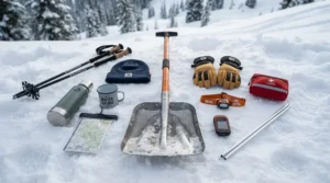 An essential ice fishing skimmer laid out alongside winter tackle on the frozen ice of Saskatchewan.
