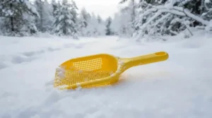 A bright colored floating ice scoop sitting in fresh snow beside a drilled ice hole.