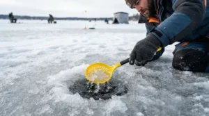 A float handle floating ice scoop clearing slush from a frozen fishing hole on a Canadian lake.