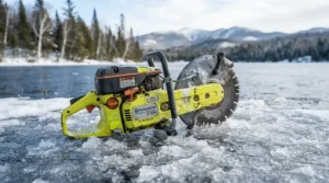 A bright colored floating ice scoop resting on a frozen Canadian lake during winter ice fishing.